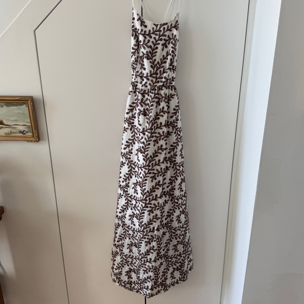 MANGO | Elegant White and Brown Leaf Pattern Dress